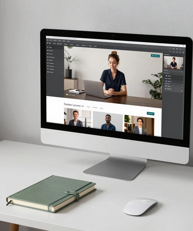 A minimalist workspace with a large monitor displaying a brand campaign video, a clean white table, and a sage green notebook. No clutter.