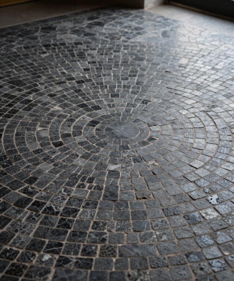 A detail of a circular mosaic floor in a minimalist entryway, using dark grey stones of varying textures, elegant and simple.