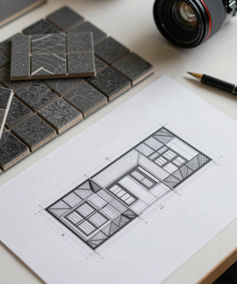 Architectural technical drawing on a desk next to a pile of dark grey mosaic samples, professional and creative workstation.