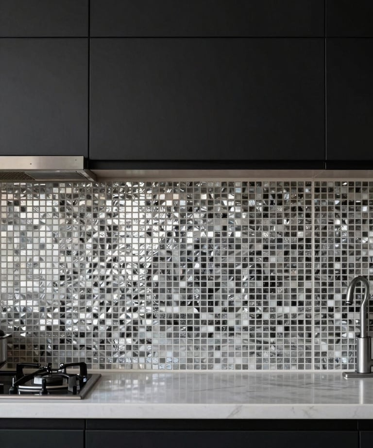 A modern kitchen with black cabinets and a backsplash made of small silver-toned mosaic tiles, reflecting soft kitchen lights.