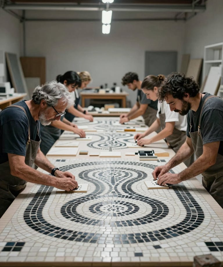 A group of focused craftspeople in a workshop in Spain, laying out mosaic tiles on a large floor design, soft industrial lighting, monochromatic tones.