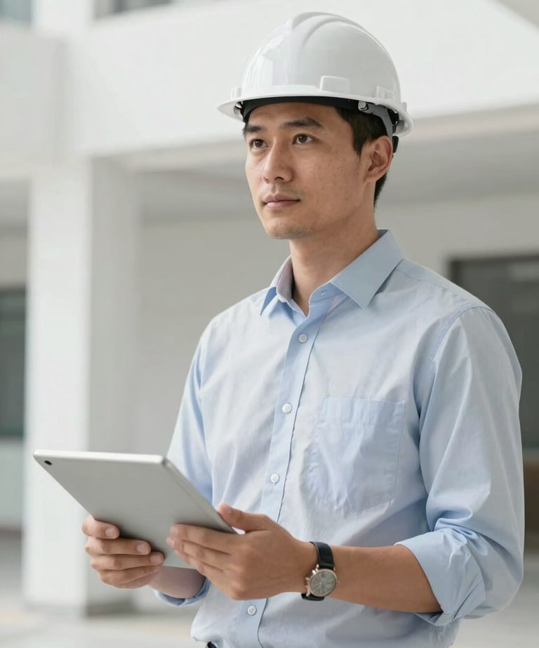 A portrait of a site manager in a clean white architectural setting, holding a tablet, looking professional and reliable.