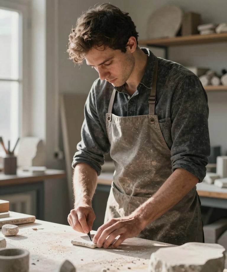 A portrait of a male craftsman in a grey apron, working in a sunlit studio, surrounded by stone fragments, professional photography.