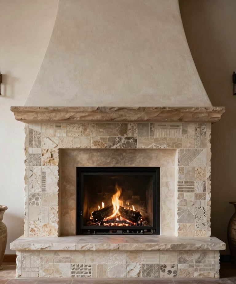 A minimalist fireplace surrounded by a border of monochromatic stone mosaic, warm ambient light, serene Spanish home setting.