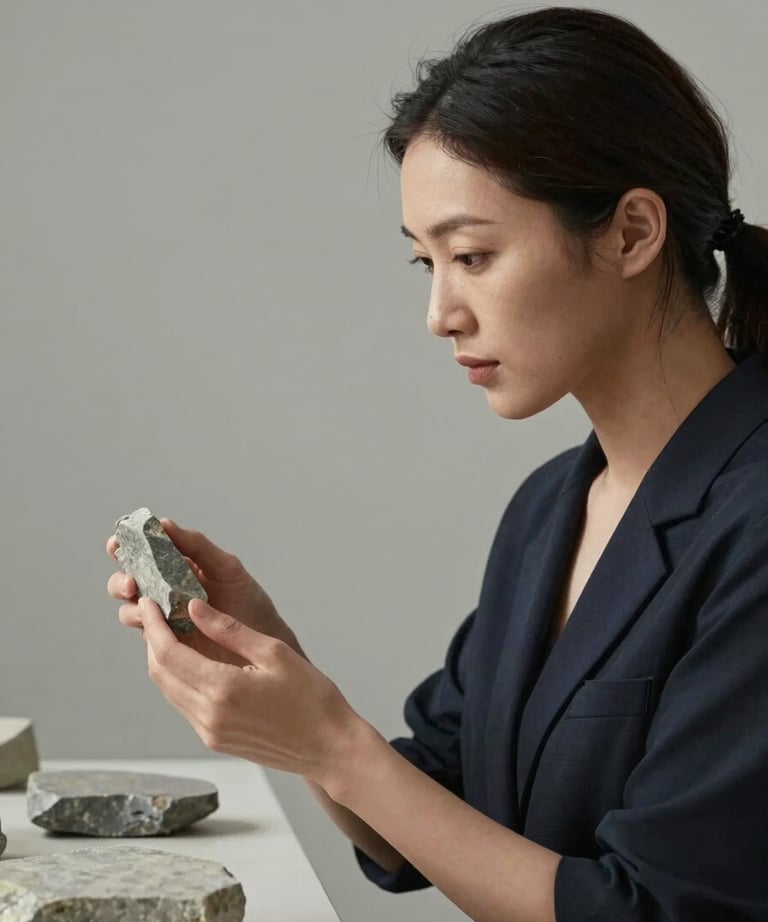 A portrait of a woman looking at stone samples against a neutral background, professional and expert demeanor, minimalist aesthetic.