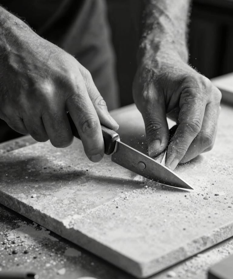 A close-up of an artisan's hands cutting a stone tile with precision tools, stone dust in the air, dramatic black and white lighting.