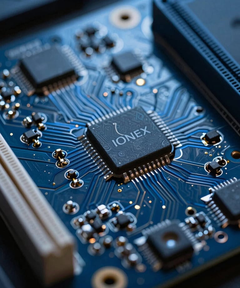 A close-up of an electronic circuit board, representing the advanced engineering inside IONEX products. High-tech, dark blue lighting. International / Global.