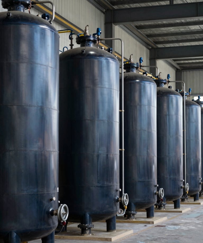 A row of high-pressure water purification tanks in a modern industrial facility. The composition is linear and orderly, utilizing mid blue and charcoal black colors. International / Global industrial architecture.