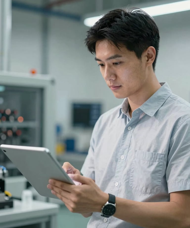 A portrait of a male engineer looking at a tablet screen in a facility. The setting is clean and modern. International / Global.