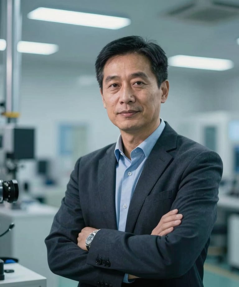 Portrait of a technical director in a high-tech manufacturing facility environment. International / Global industrial setting with soft mid blue lighting.