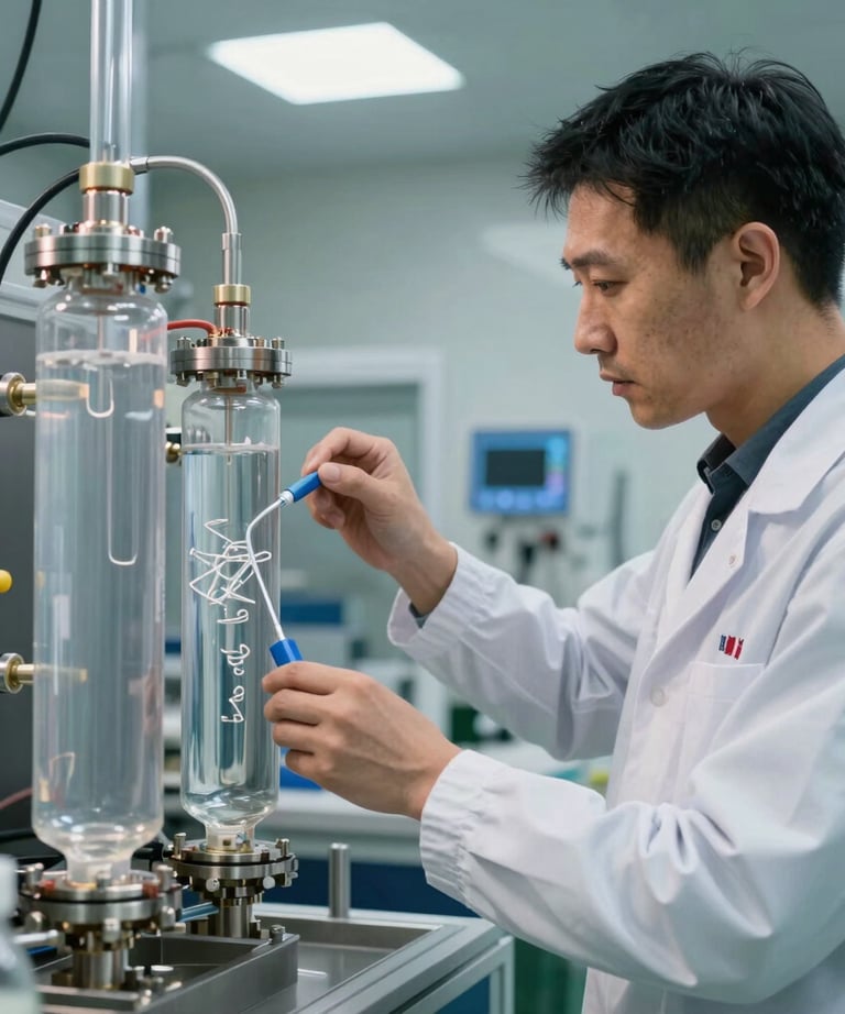 A professional engineer in technical attire inspecting a water deionization module. The lighting is professional and realistic. International / Global scientific setting.