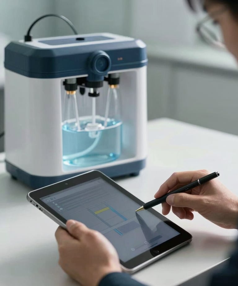 Technical professional working on a tablet, with a water purification system in the blurred background. Professional, high-contrast lighting.