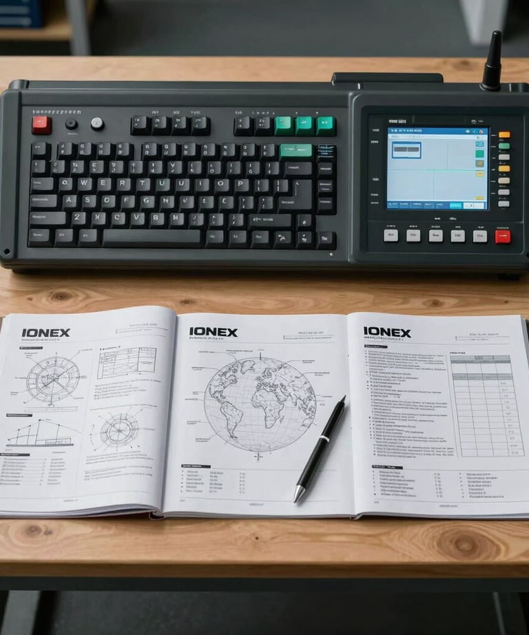 A top-down view of a modern engineering drafting table with the IONEX controller and technical manuals. International / Global professional setting.