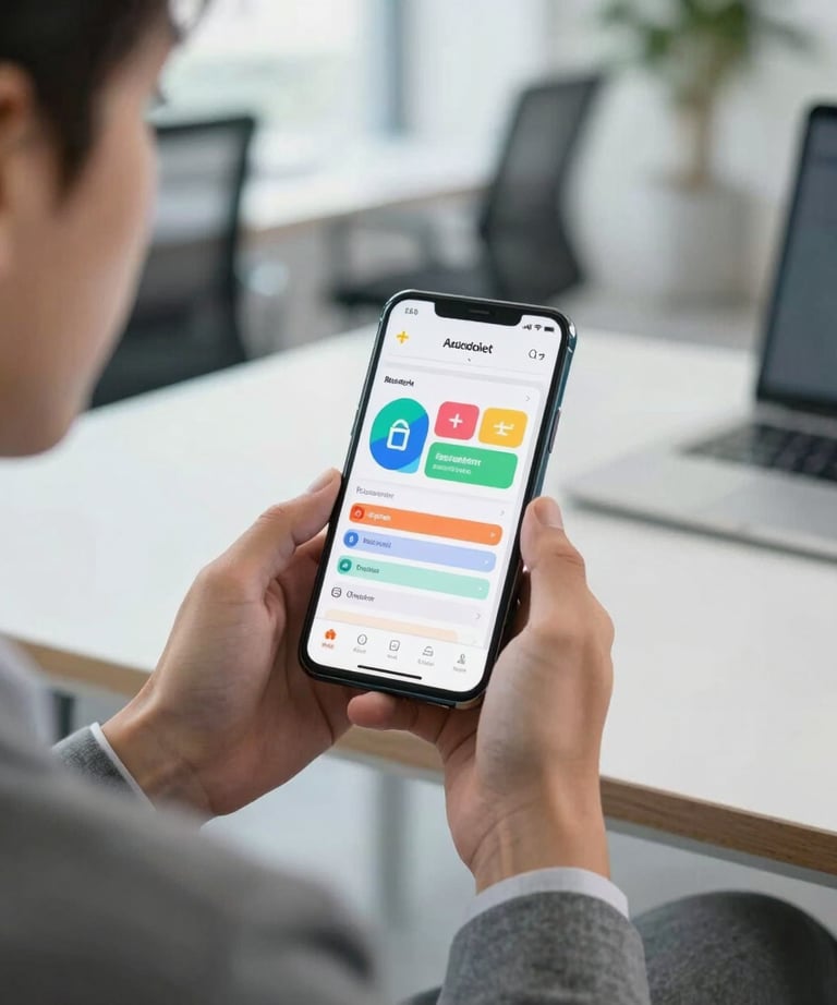 A person in professional attire sitting in a modern US office, holding an Android phone. The screen displays a colorful budget tracking app. Bright, airy composition.