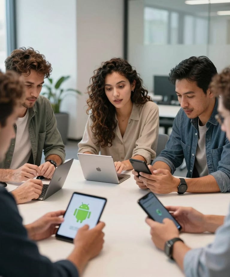 Action shot of a group of diverse tech professionals in a US office collaborating around a table with several Android devices. The scene is innovative and energized.