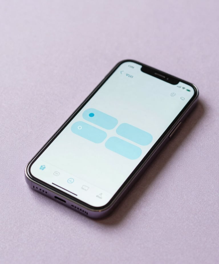 Photography of an Android phone resting on a pale lavender fabric surface. The screen shows a minimalist fitness tracker app with light blue buttons. Soft, elegant lighting.