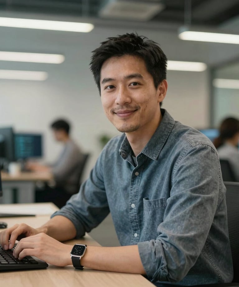A professional portrait of a software engineer in a modern North American tech hub office. They are looking toward the camera with a friendly expression. Soft, bright office lighting.