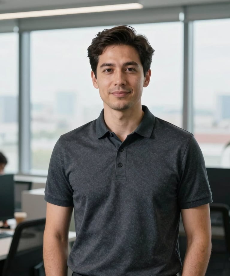Portrait of a male lead developer in a modern technology office setting. He is wearing a dark slate gray polo shirt and standing in front of a window. Natural daylight.