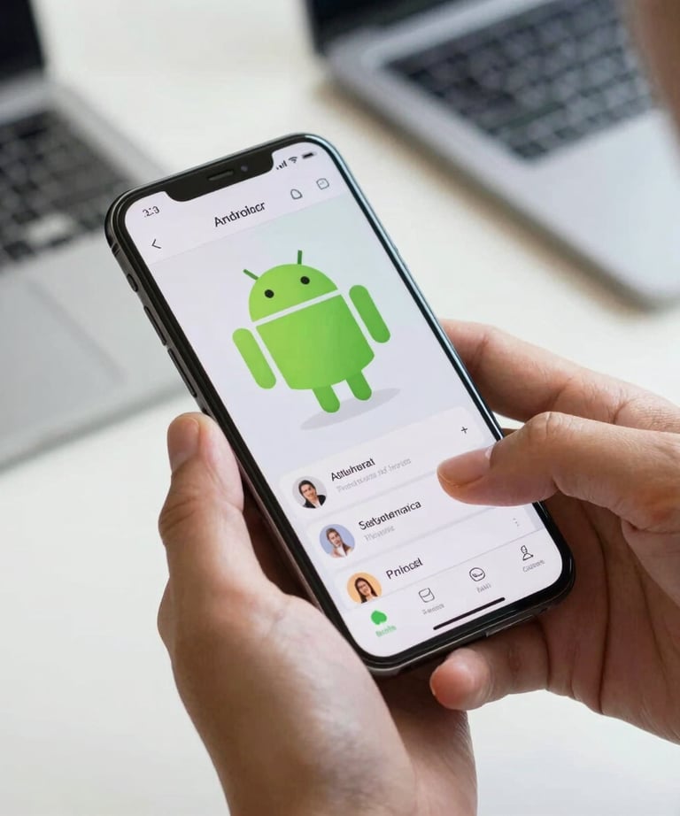 Close-up of a North American person's hands holding a sleek, modern smartphone, displaying a vibrant and intuitive Android application interface. The screen shows a clean design with practical features, emphasizing ease of use. The background is a subtly blurred contemporary workspace, suggesting productivity and innovation. Bright, soft, and professional lighting. The composition focuses on the interaction between the user and the application, highlighting a user-centric experience. High-quality, modern product photography.