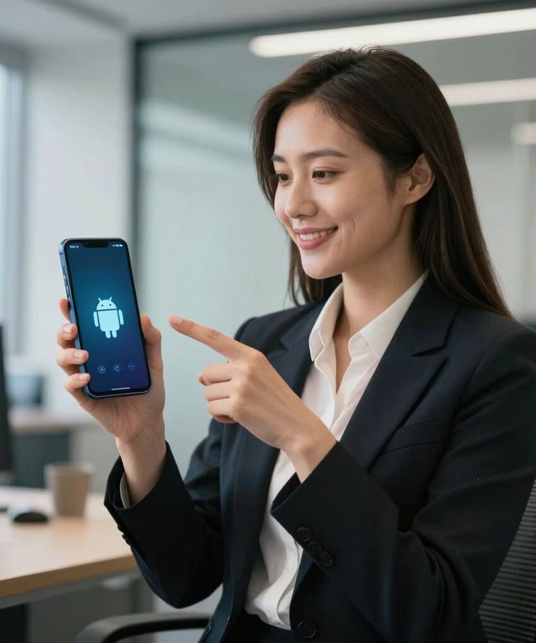 Photography of a professional woman in a modern office, holding an Android phone and pointing to the screen. She is smiling and looks approachable.
