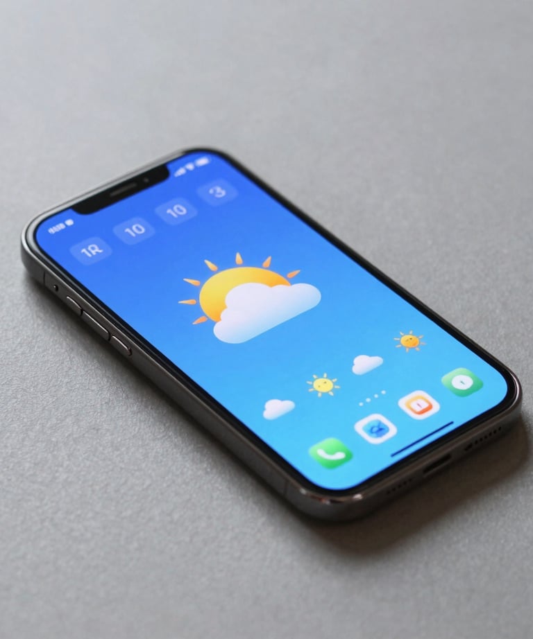 Photography of an Android phone lying on a clean slate gray surface. The screen shows a vibrant, colorful weather app interface with a soft light blue glow. Modern, professional lighting.