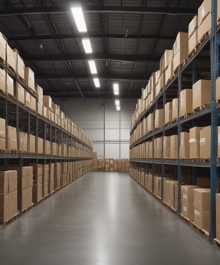 Team members organizing shipments inside the warehouse wearing company uniforms.