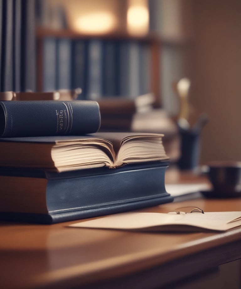 Close-up of hands holding a legal manual with a dark blue and gold cover.