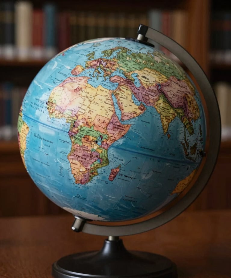 Close-up of a professional desk globe in a library or office, symbolizing global legal standards and reach. Dark, rich colors and soft focus.