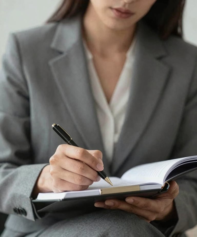 Close-up of a professional woman in business attire, writing notes during a legal consultation. The scene conveys focus, intelligence, and meticulous care. Neutral color palette.