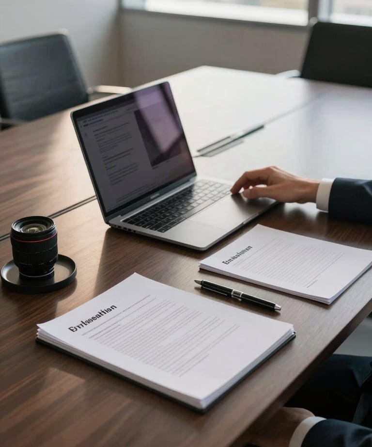 A high-angle photo of a modern boardroom table with high-end tech and legal documents. Soft afternoon light through window. Sophisticated Brazilian business vibe.