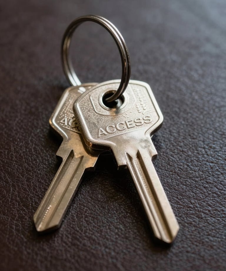 Close-up of a set of legal keys on a heavy metal ring resting on a leather surface. Soft, professional lighting. Symbolic of access and security.