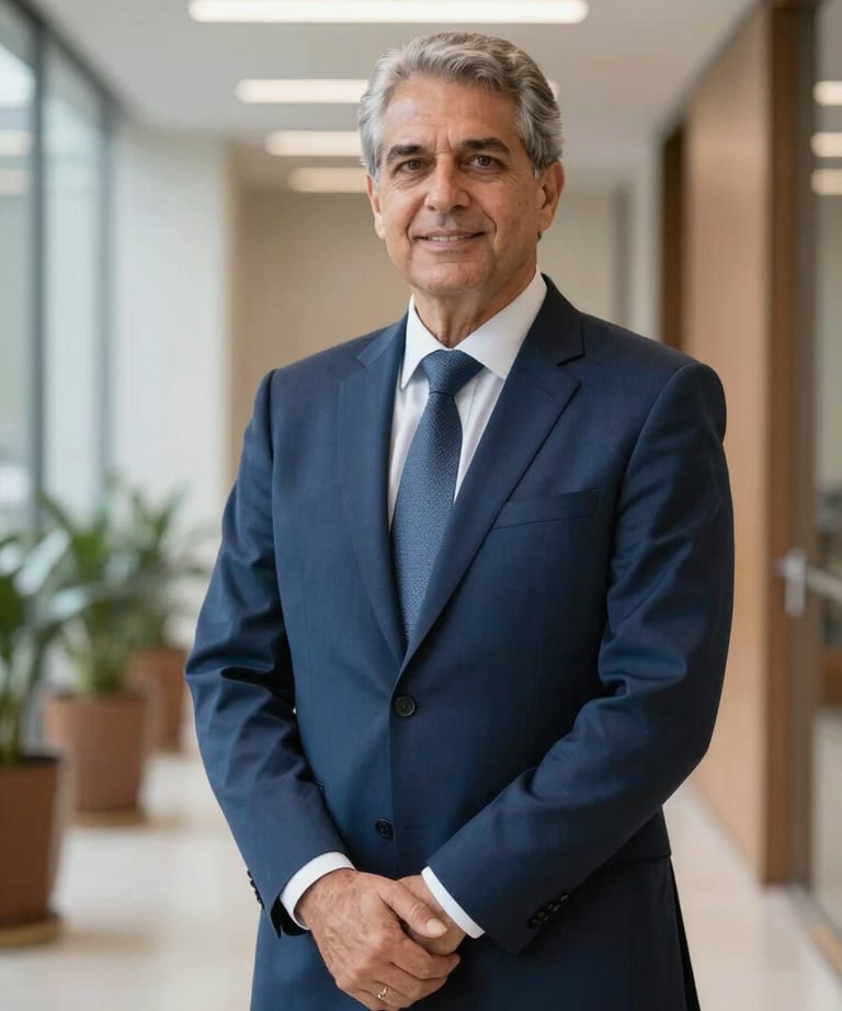 Portrait of a senior legal consultant in a well-tailored navy blue suit, standing confidently in a bright, modern corridor of a Brazilian law firm. The style is authoritative yet approachable, with professional soft lighting.