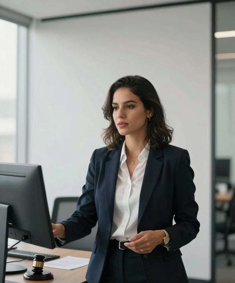 Portrait of a legal tech specialist in a minimalist modern office. Brazilian professional aesthetic, focused on innovation and efficiency in legal processes.