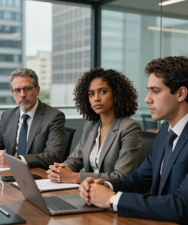 A group of three diverse Brazilian legal professionals in business attire, having a serious meeting in a glass-walled conference room. The atmosphere is focused and collaborative. Modern Brazilian urban setting.