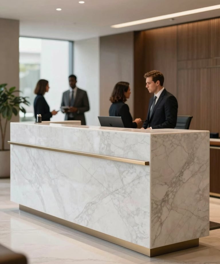 A high-end Brazilian law office foyer with a minimalist marble reception desk. The background is softly out of focus, showing legal professionals in conversation.