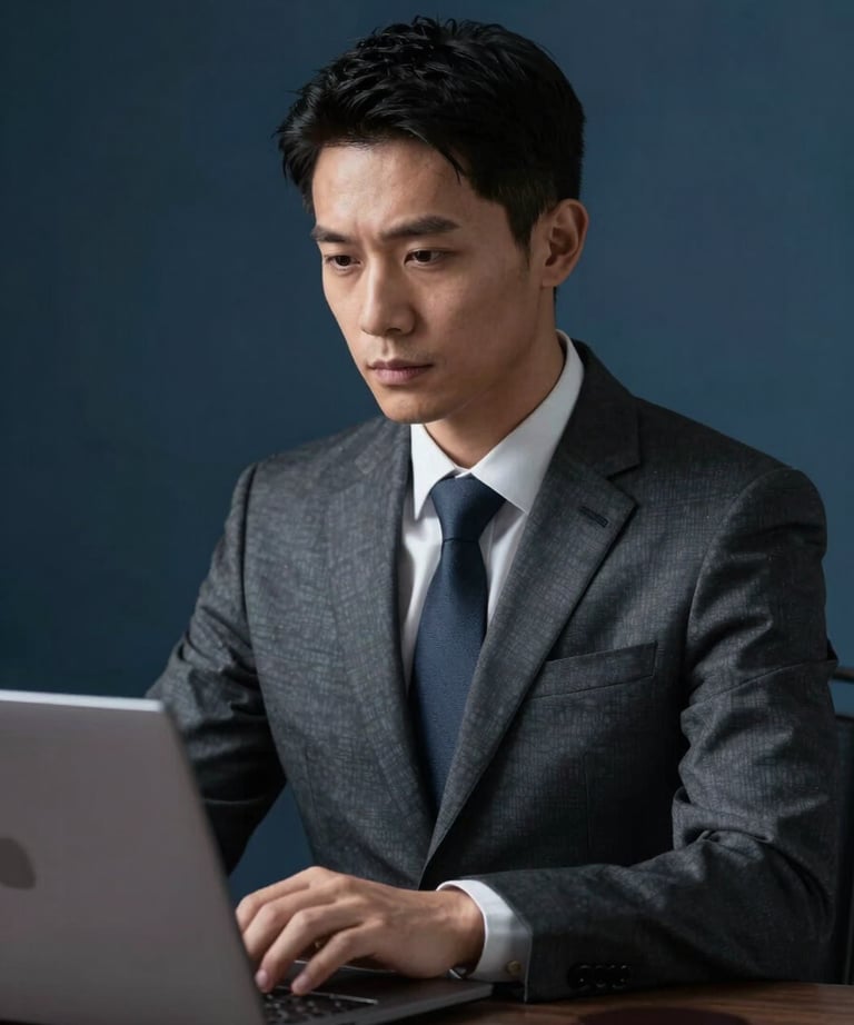 Professional male legal consultant in business formal attire, looking toward a laptop screen with a serious expression. Dark steel blue background, soft shadows.