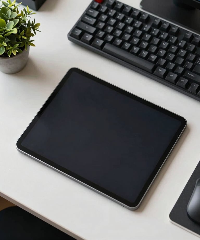 A top-down view of a designer's workspace featuring a tablet, a mechanical keyboard, and a small green plant, with a focus on clean organization, East Asian / Japanese style.