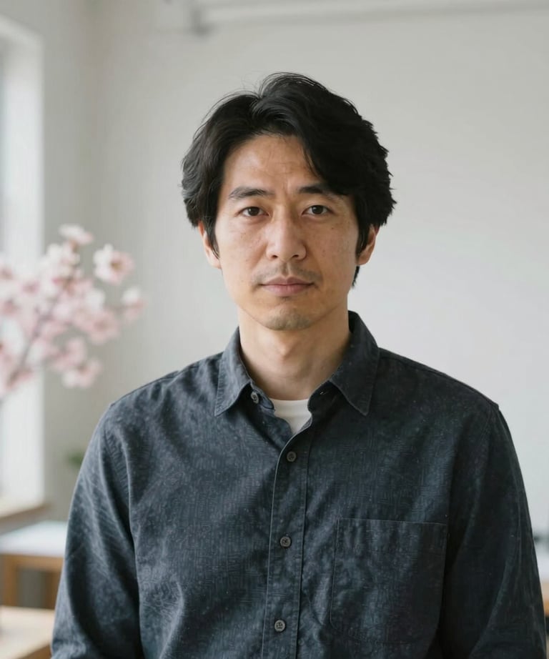 Portrait of a design specialist in a well-lit studio, minimalist attire, soft natural light, background blurred with hint of cherry blossoms, East Asian / Japanese.