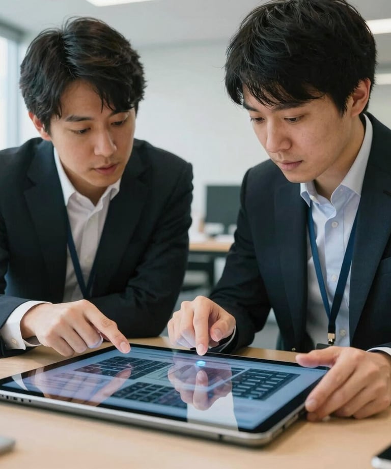 Two professionals discussing a design project over a large tablet, reflection of office lights on the screen, collaborative East Asian / Japanese setting.