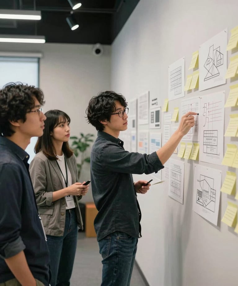 Team members collaborating in a modern studio, looking at a wall of sticky notes and design sketches, creative East Asian / Japanese environment.