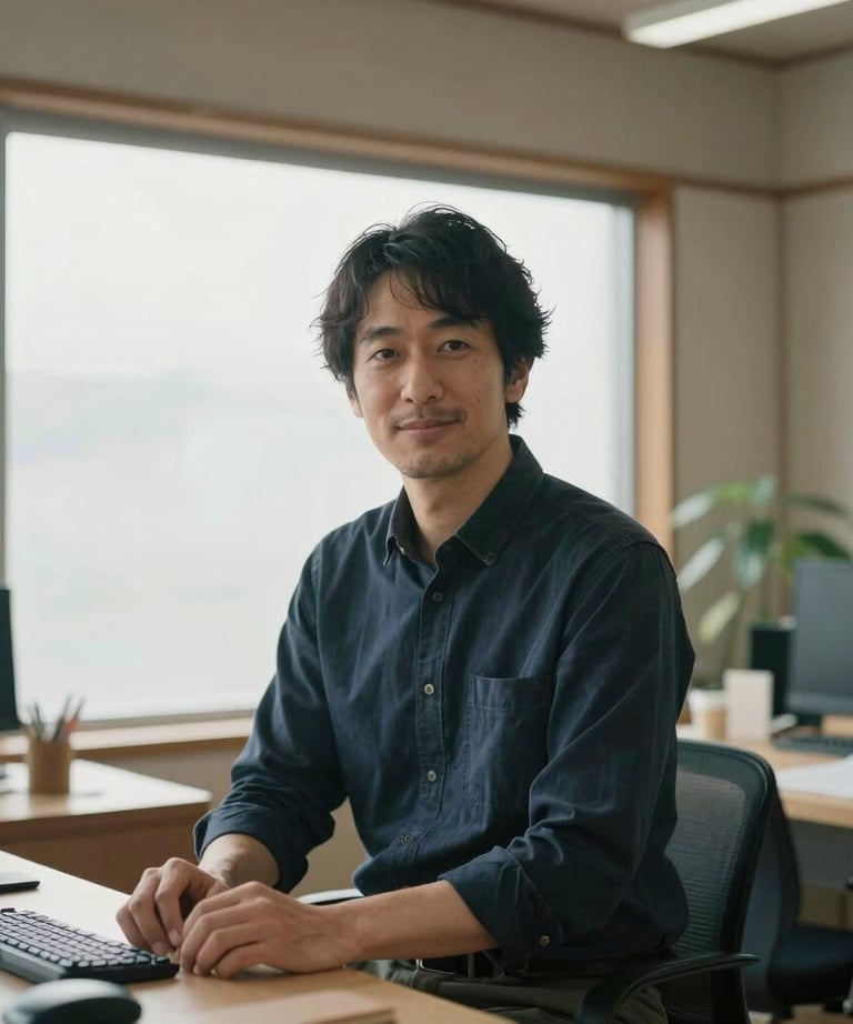 Portrait of a creative strategist in a minimalist Japanese studio, natural light from a window, peaceful and professional atmosphere.