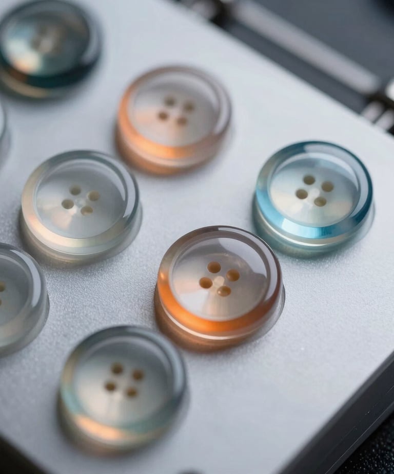 Macro shot of glass buttons on a high-tech device, refracting soft orange and blue light, innovative and modern, East Asian / Japanese studio.