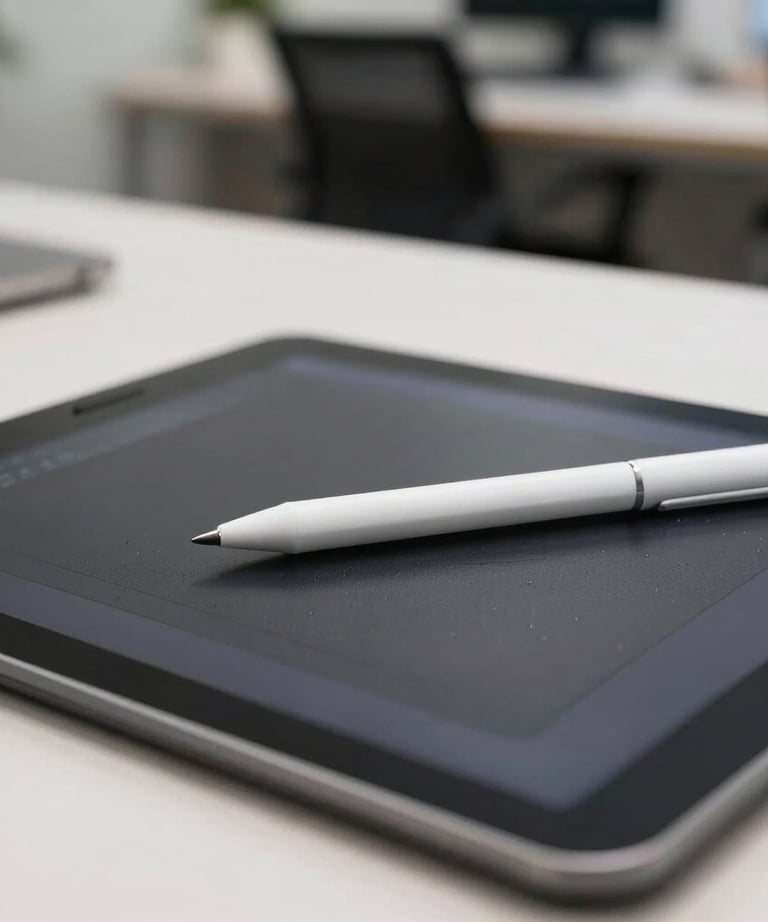 A close-up of a digital drawing tablet with a stylus resting on it, soft focus on a modern office in the background, East Asian / Japanese.