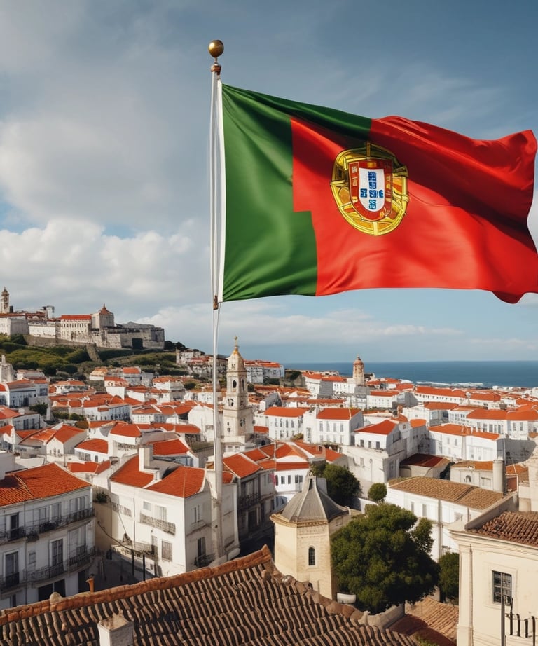 Portuguese flag gently waving with a soft focus on a community event for elderly care.