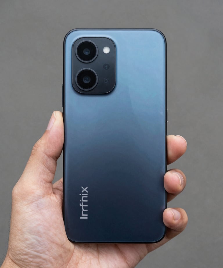 Close-up of hands holding an Infinix smartphone displaying user ratings.