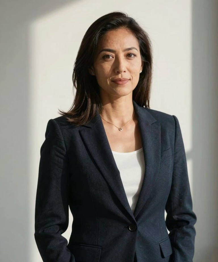 A professional portrait of a woman in business casual attire standing in front of a white wall with soft side-lighting. North American / Academic context.