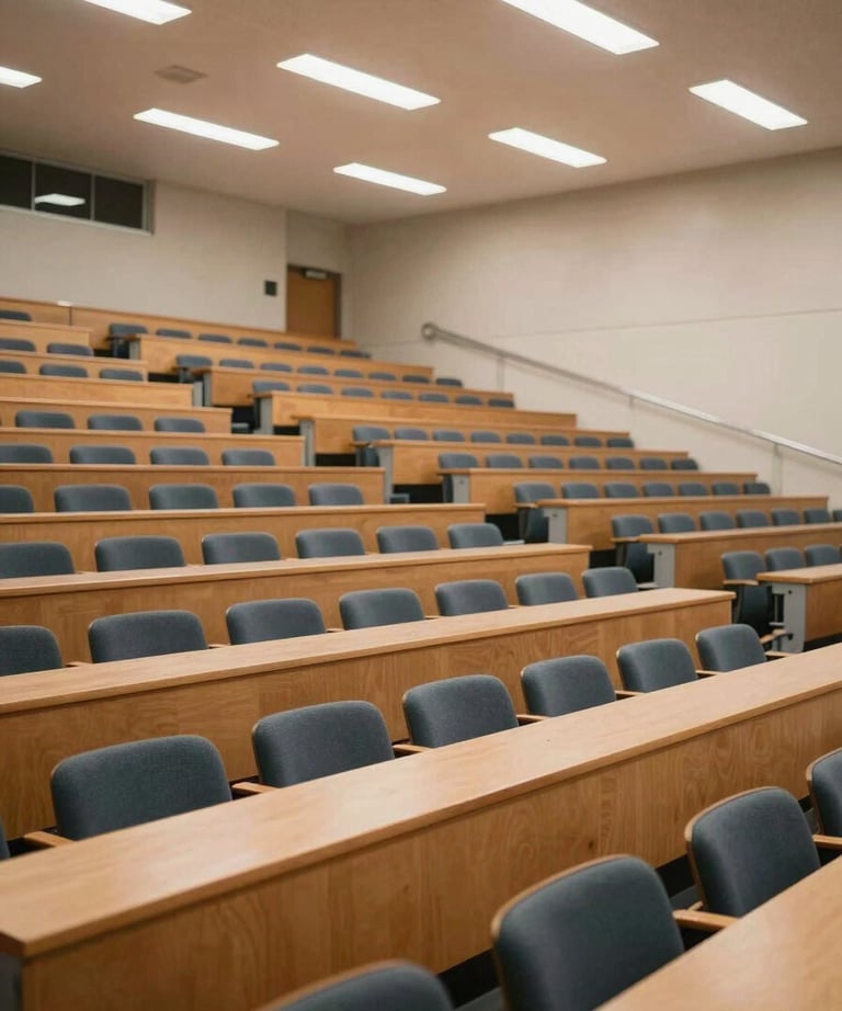 A professional shot of a modern lecture hall in a North American university. The seating is tiered, and the room is brightly lit with a scholarly vibe.