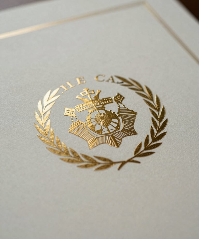 A close-up of a high-quality certificate paper with an embossed emblem. The lighting is soft and ceremonial, emphasizing professional achievement.