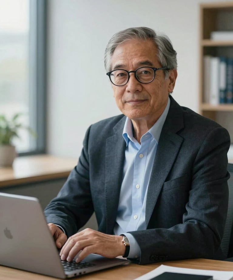 A professional portrait of an older academic man with glasses, sitting at a desk with a laptop, in a bright office. North American / Academic context.