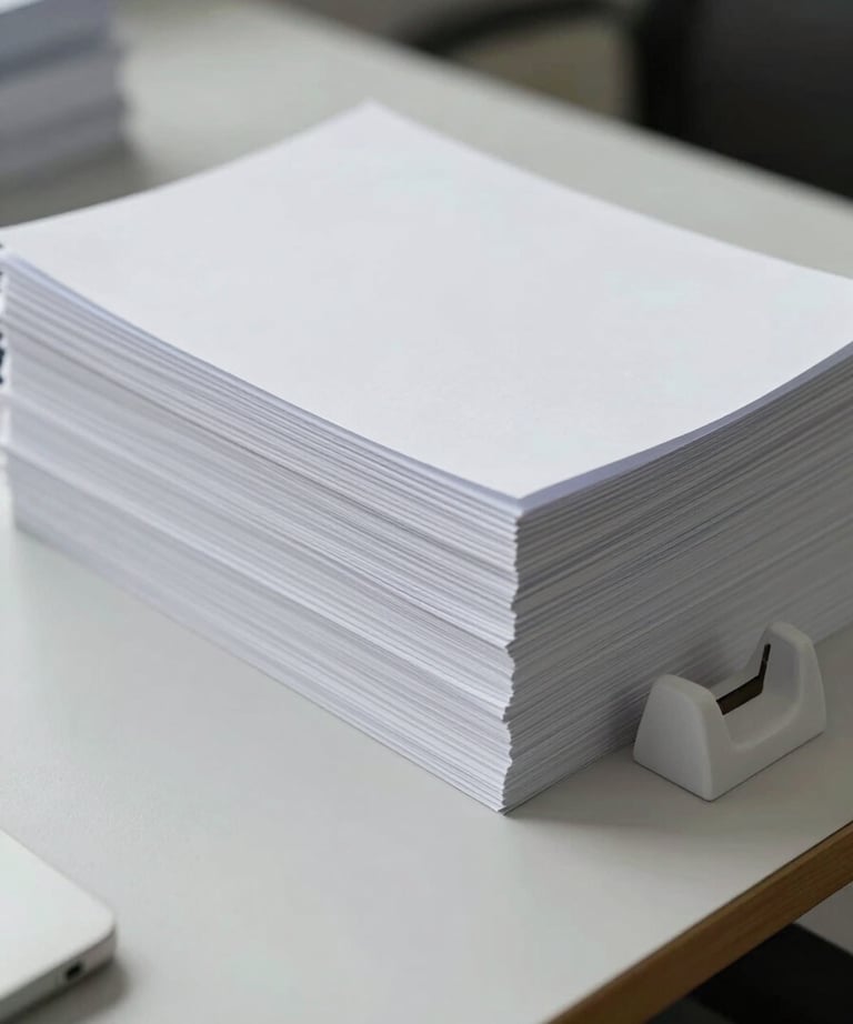 A stack of white high-quality paper documents on a clean desk, held together by a minimalist paperweight. Clinical and professional aesthetic.